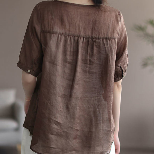 Buddha Stones Summer Casual Embroidered Pattern Women's V-Neck Design Half Sleeve Cotton Linen T-shirt
