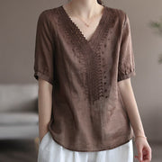 Buddha Stones Summer Casual Embroidered Pattern Women's V-Neck Design Half Sleeve Cotton Linen T-shirt