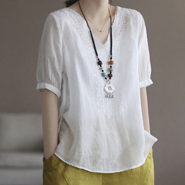 Buddha Stones Summer Casual Embroidered Pattern Women's V-Neck Design Half Sleeve Cotton Linen T-shirt