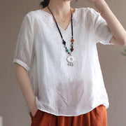 Buddha Stones Summer Casual Embroidered Pattern Women's V-Neck Design Half Sleeve Cotton Linen T-shirt