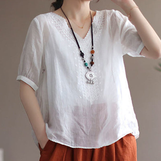 Buddha Stones Summer Casual Embroidered Pattern Women's V-Neck Design Half Sleeve Cotton Linen T-shirt