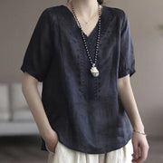 Buddha Stones Summer Casual Embroidered Pattern Women's V-Neck Design Half Sleeve Cotton Linen T-shirt