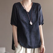 Buddha Stones Summer Casual Embroidered Pattern Women's V-Neck Design Half Sleeve Cotton Linen T-shirt