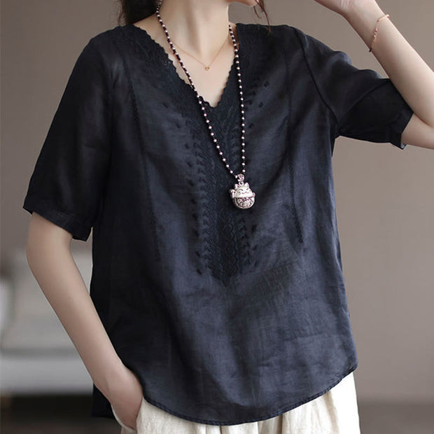 Buddha Stones Summer Casual Embroidered Pattern Women's V-Neck Design Half Sleeve Cotton Linen T-shirt