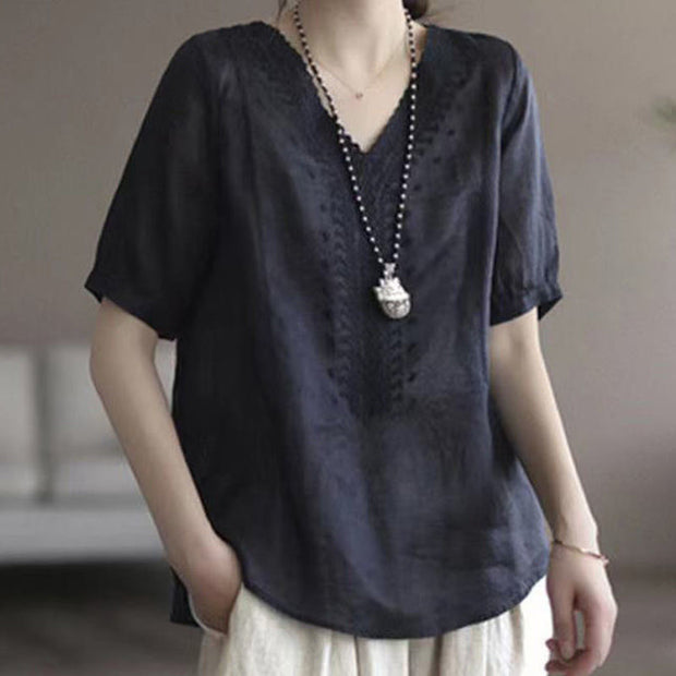 Buddha Stones Summer Casual Embroidered Pattern Women's V-Neck Design Half Sleeve Cotton Linen T-shirt