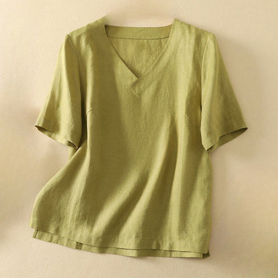 Buddha Stones Summer Casual Plain Women's V-neck Design Half Sleeve Cotton T-shirt