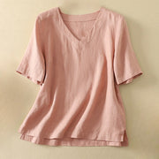 Buddha Stones Summer Casual Plain Women's V-neck Design Half Sleeve Cotton T-shirt