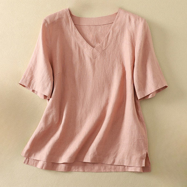 Buddha Stones Summer Casual Plain Women's V-neck Design Half Sleeve Cotton T-shirt