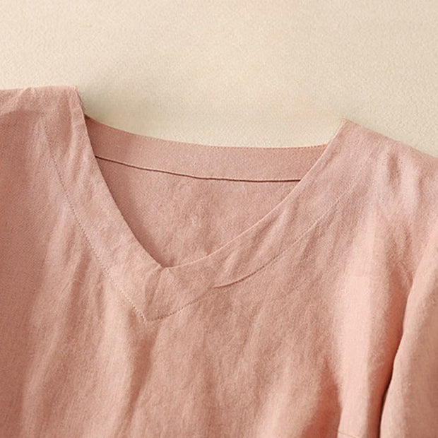 Buddha Stones Summer Casual Plain Women's V-neck Design Half Sleeve Cotton T-shirt