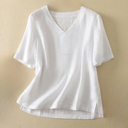 Buddha Stones Summer Casual Plain Women's V-neck Design Half Sleeve Cotton T-shirt