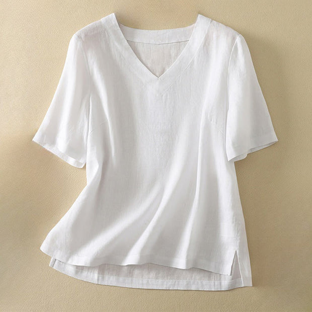 Buddha Stones Summer Casual Plain Women's V-neck Design Half Sleeve Cotton T-shirt