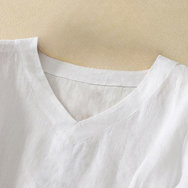Buddha Stones Summer Casual Plain Women's V-neck Design Half Sleeve Cotton T-shirt