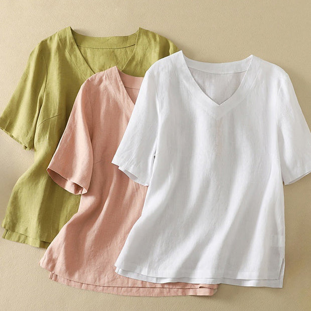 Buddha Stones Summer Casual Plain Women's V-neck Design Half Sleeve Cotton T-shirt