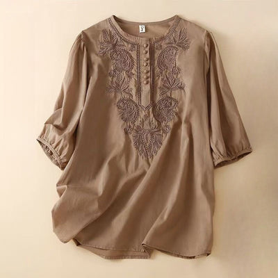 Buddha Stones Casual Women's Embroidered Flower Pattern Crew Neck Design Half Sleeve Cotton Linen Shirt