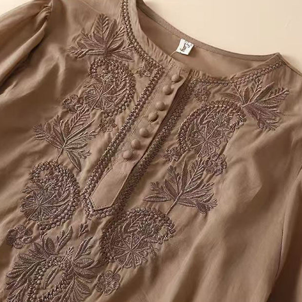 Buddha Stones Casual Women's Embroidered Flower Pattern Crew Neck Design Half Sleeve Cotton Linen Shirt