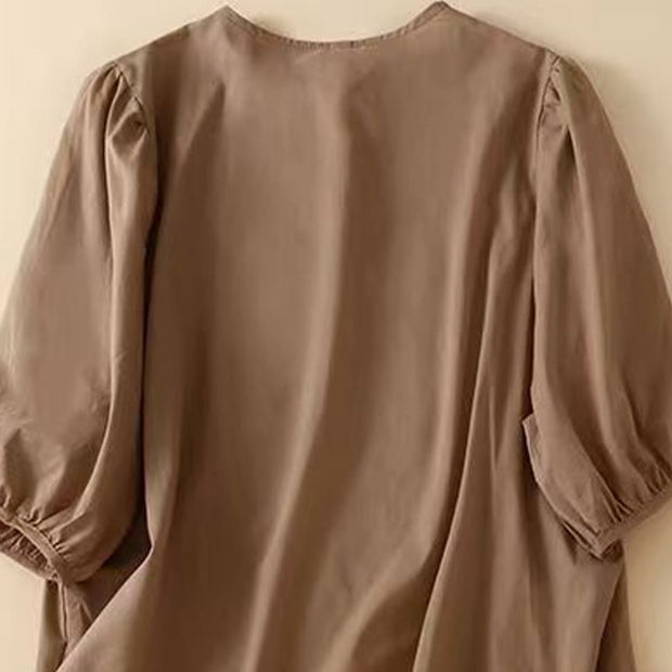 Buddha Stones Casual Women's Embroidered Flower Pattern Crew Neck Design Half Sleeve Cotton Linen Shirt