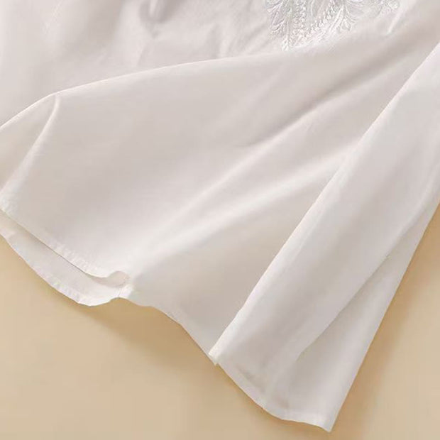 Buddha Stones Casual Women's Embroidered Flower Pattern Crew Neck Design Half Sleeve Cotton Linen Shirt