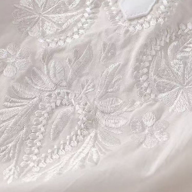 Buddha Stones Casual Women's Embroidered Flower Pattern Crew Neck Design Half Sleeve Cotton Linen Shirt