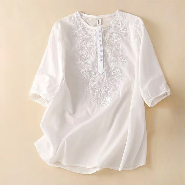 Buddha Stones Casual Women's Embroidered Flower Pattern Crew Neck Design Half Sleeve Cotton Linen Shirt