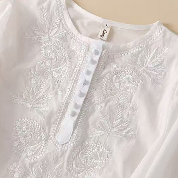 Buddha Stones Casual Women's Embroidered Flower Pattern Crew Neck Design Half Sleeve Cotton Linen Shirt