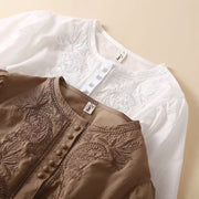 Buddha Stones Casual Women's Embroidered Flower Pattern Crew Neck Design Half Sleeve Cotton Linen Shirt