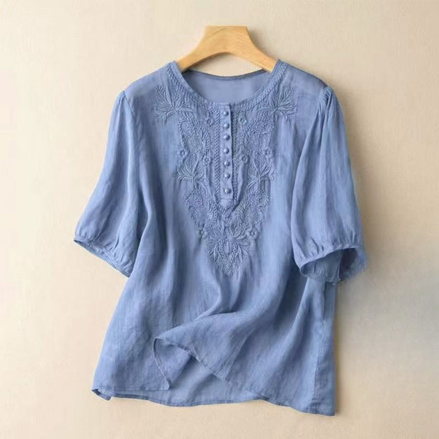 Buddha Stones Casual Women's Embroidered Flower Pattern Crew Neck Design Half Sleeve Cotton Linen Shirt