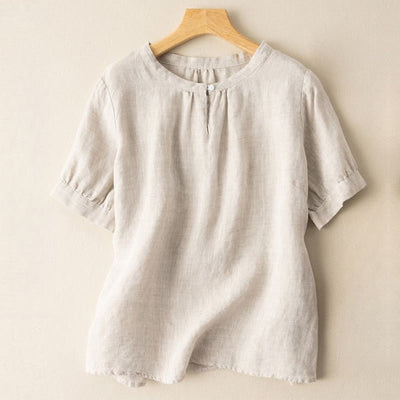 Buddha Stones Casual Women's Plain Crew Neck Button Design Half Sleeve Cotton Linen Shirt