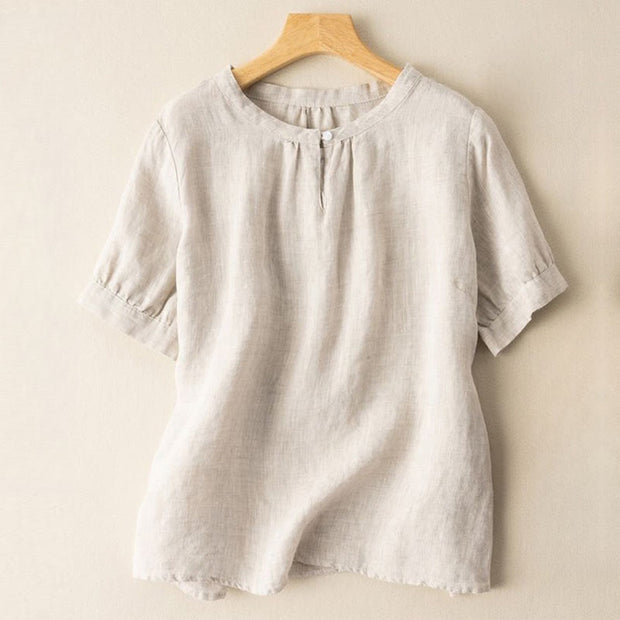 Buddha Stones Casual Women's Plain Crew Neck Button Design Half Sleeve Cotton Linen Shirt