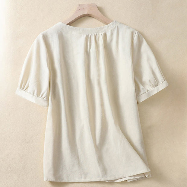 Buddha Stones Casual Women's Plain Crew Neck Button Design Half Sleeve Cotton Linen Shirt