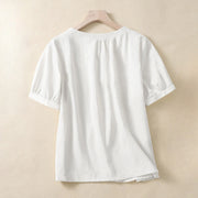 Buddha Stones Casual Women's Plain Crew Neck Button Design Half Sleeve Cotton Linen Shirt