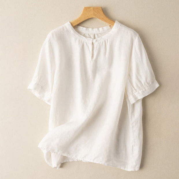 Buddha Stones Casual Women's Plain Crew Neck Button Design Half Sleeve Cotton Linen Shirt