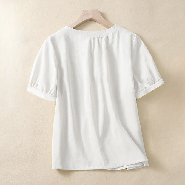 Buddha Stones Casual Women's Plain Crew Neck Button Design Half Sleeve Cotton Linen Shirt