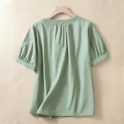 Buddha Stones Casual Women's Plain Crew Neck Button Design Half Sleeve Cotton Linen Shirt