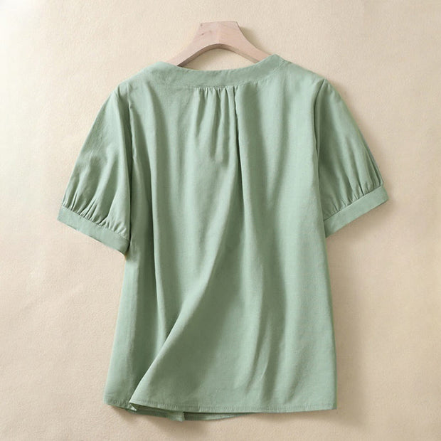 Buddha Stones Casual Women's Plain Crew Neck Button Design Half Sleeve Cotton Linen Shirt