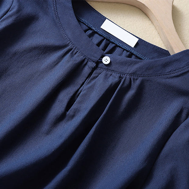 Buddha Stones Casual Women's Plain Crew Neck Button Design Half Sleeve Cotton Linen Shirt