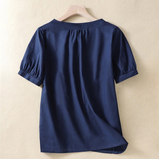 Buddha Stones Casual Women's Plain Crew Neck Button Design Half Sleeve Cotton Linen Shirt