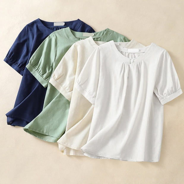 Buddha Stones Casual Women's Plain Crew Neck Button Design Half Sleeve Cotton Linen Shirt