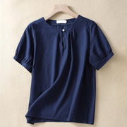 Buddha Stones Casual Women's Plain Crew Neck Button Design Half Sleeve Cotton Linen Shirt