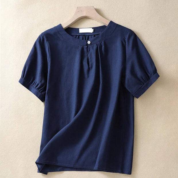 Buddha Stones Casual Women's Plain Crew Neck Button Design Half Sleeve Cotton Linen Shirt