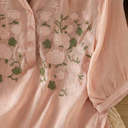 Buddha Stones Casual Women's Flowers Green Leaves Embroidery Pattern V-Neck Design Half Sleeve Cotton Linen Shirt