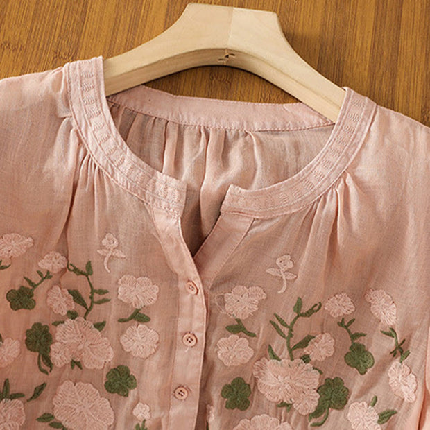 Buddha Stones Casual Women's Flowers Green Leaves Embroidery Pattern V-Neck Design Half Sleeve Cotton Linen Shirt