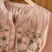 Buddha Stones Casual Women's Flowers Green Leaves Embroidery Pattern V-Neck Design Half Sleeve Cotton Linen Shirt