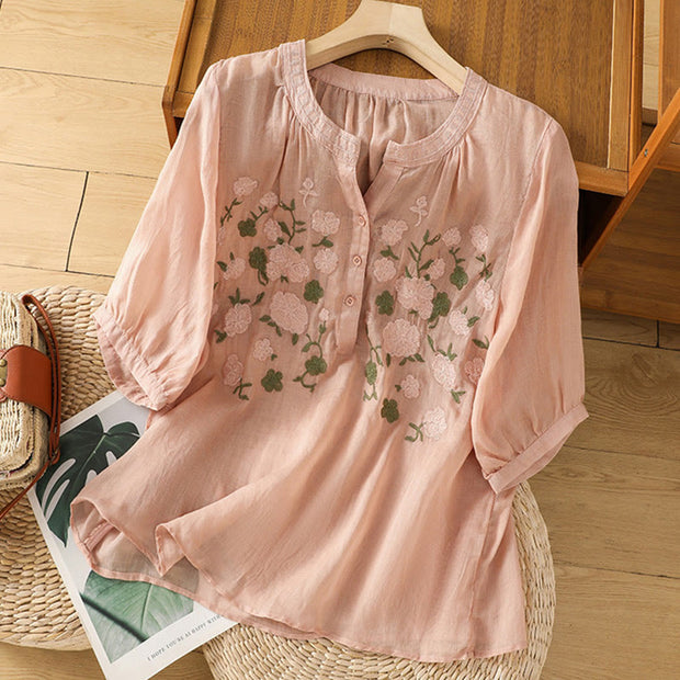 Buddha Stones Casual Women's Flowers Green Leaves Embroidery Pattern V-Neck Design Half Sleeve Cotton Linen Shirt