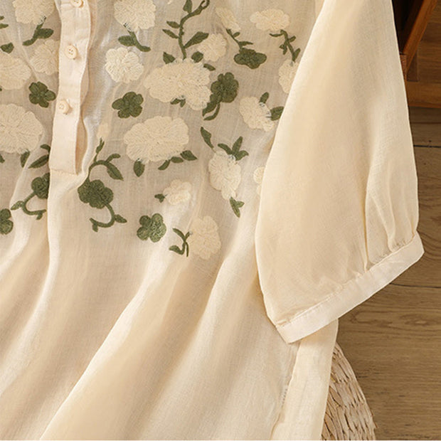 Buddha Stones Casual Women's Flowers Green Leaves Embroidery Pattern V-Neck Design Half Sleeve Cotton Linen Shirt