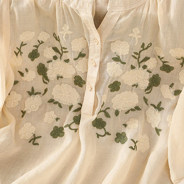 Buddha Stones Casual Women's Flowers Green Leaves Embroidery Pattern V-Neck Design Half Sleeve Cotton Linen Shirt