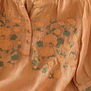 Buddha Stones Casual Women's Flowers Green Leaves Embroidery Pattern V-Neck Design Half Sleeve Cotton Linen Shirt