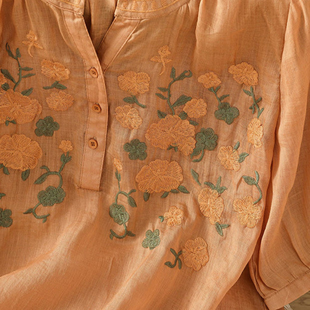 Buddha Stones Casual Women's Flowers Green Leaves Embroidery Pattern V-Neck Design Half Sleeve Cotton Linen Shirt