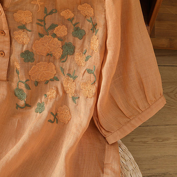 Buddha Stones Casual Women's Flowers Green Leaves Embroidery Pattern V-Neck Design Half Sleeve Cotton Linen Shirt