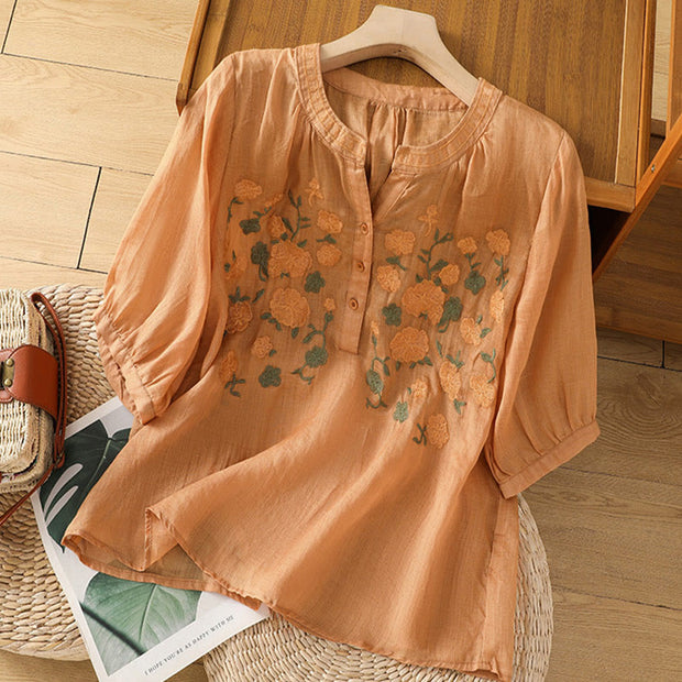 Buddha Stones Casual Women's Flowers Green Leaves Embroidery Pattern V-Neck Design Half Sleeve Cotton Linen Shirt