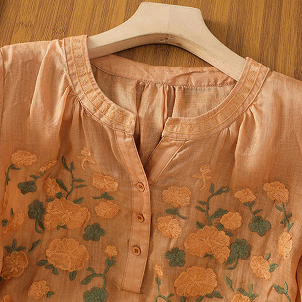 Buddha Stones Casual Women's Flowers Green Leaves Embroidery Pattern V-Neck Design Half Sleeve Cotton Linen Shirt
